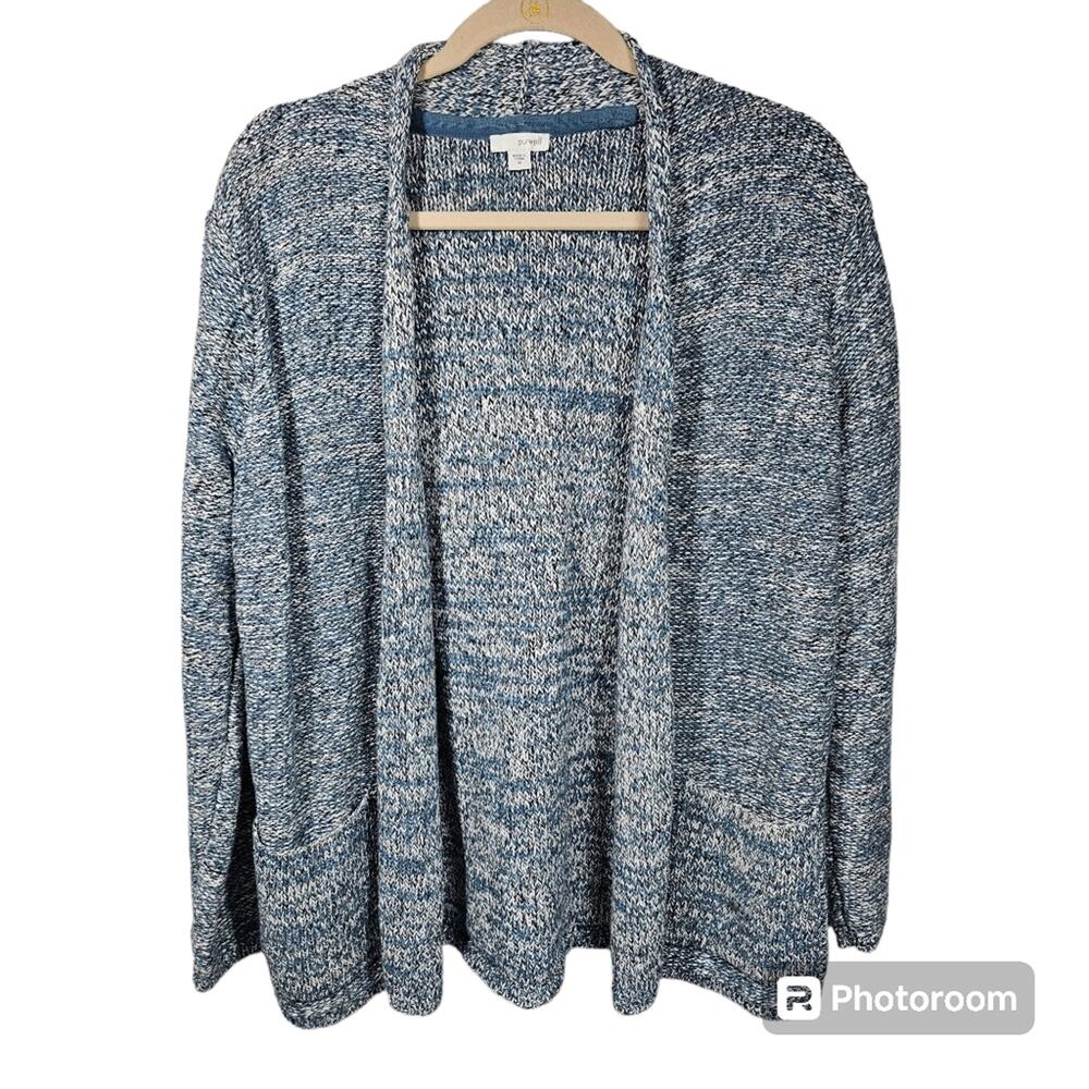 Pure Jill Heather Blue Knit Open Cardigan 100% Cotton Sweater with Pockets M